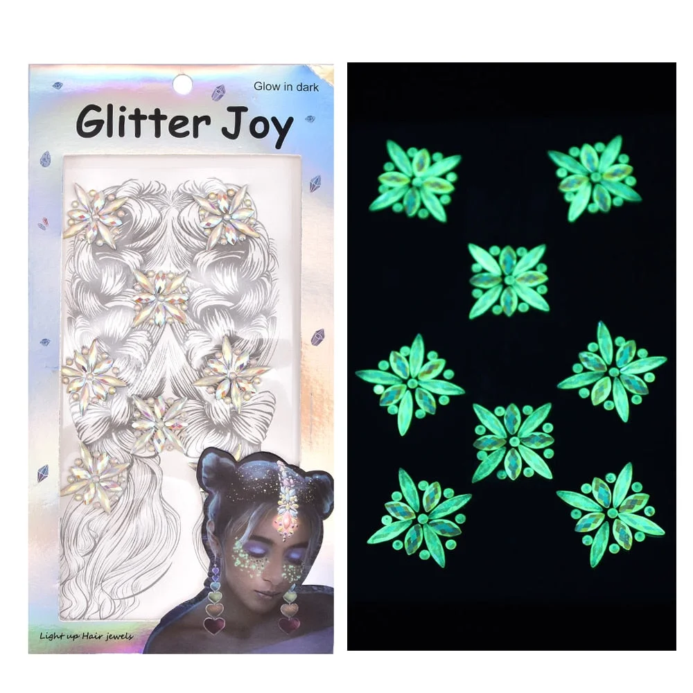 3D Luminous Crystal Forehead Headpiece Sticker Hair Jewels Glitter Face Body Gem Festival Shiny Diamond Temporary Tattoo Sticker