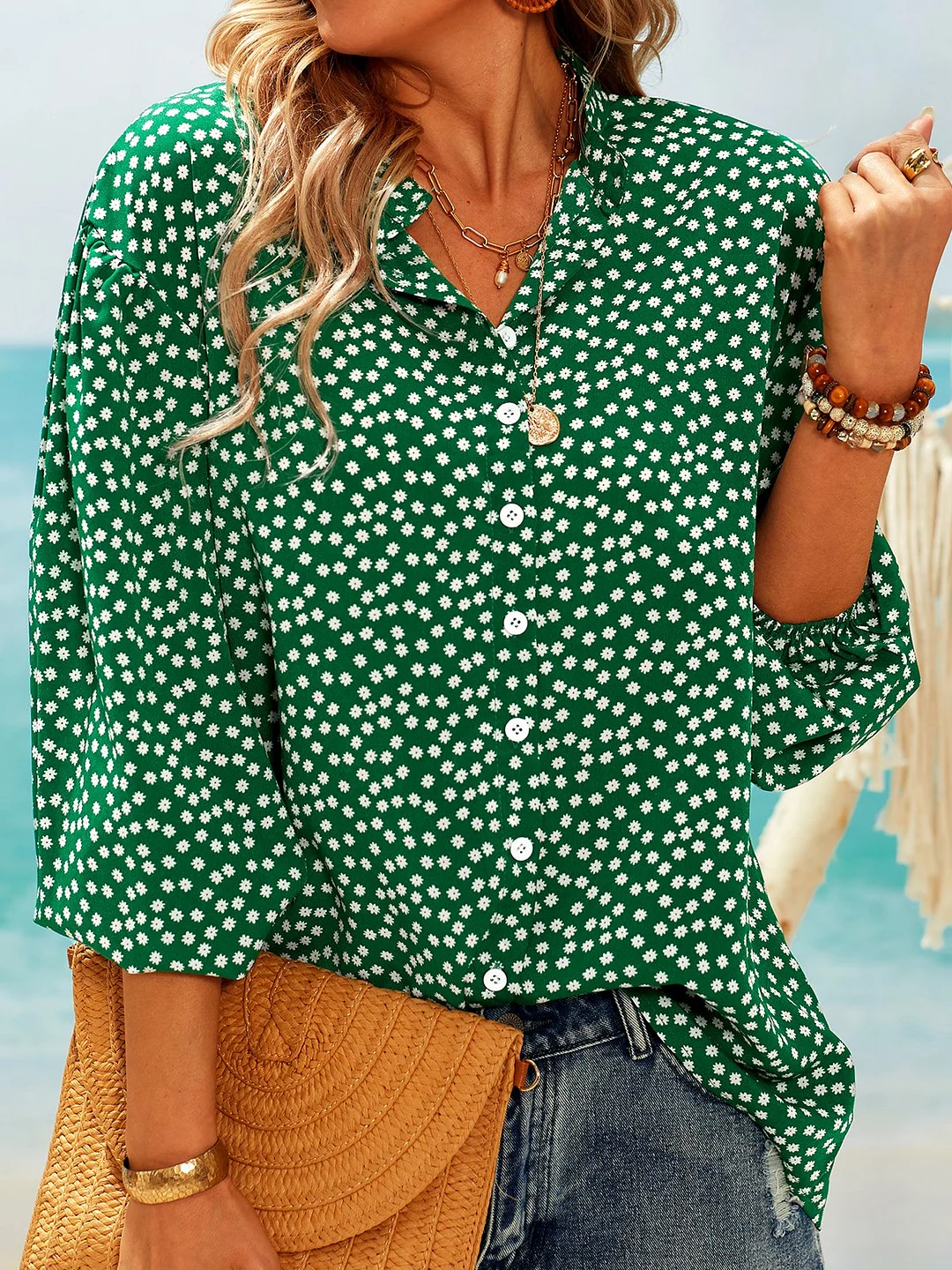 3/4 Sleeve Boho Floral Printed V Neck Casual Top