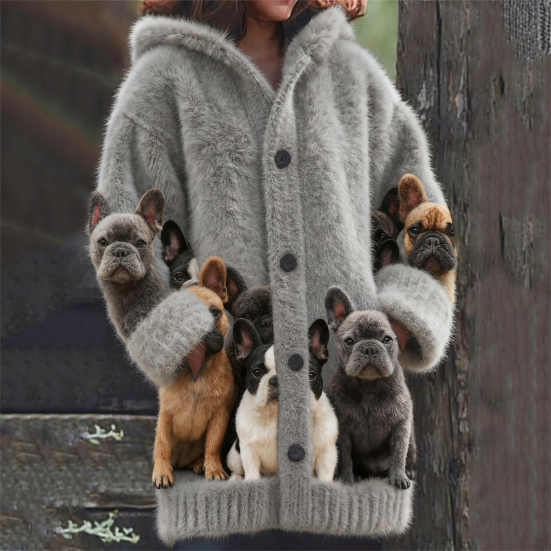 French Bulldogs Inspired Cozy Knit Hooded Cardigan elevenforest