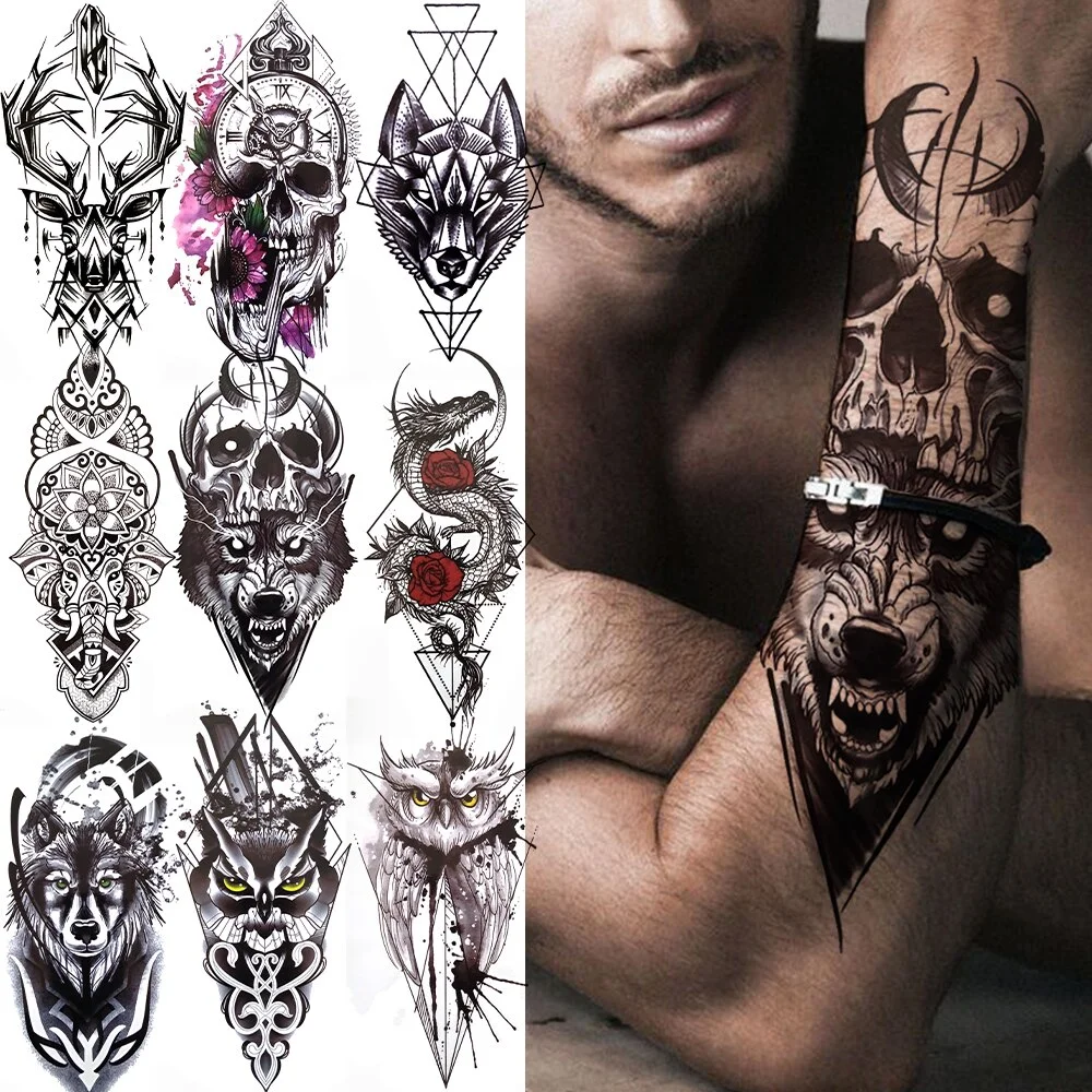 Sdrawing Skeleton King Temporary Tattoo For Women Men Kids Black Deer Dragon Lion Tribal Totem Tattoo Sticker Geometric Tatoo