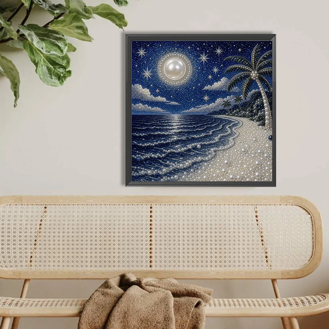 Night Beach Pearl Full DIY 5D Round Drill Gem Art Diamond Painting Kits 15.75x15.75 in Diamond Dots Paintings Picture Arts Craft Diamond Art Kits for Adults Beginner Home Wall Decor