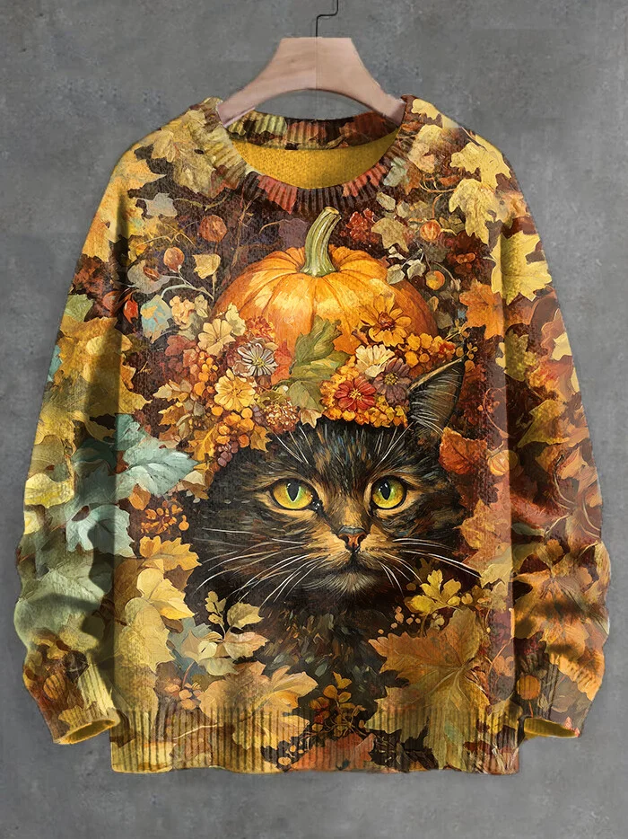 Men's Thanksgiving Day Cat Pumpkin Art Print Knit Sweatshirt