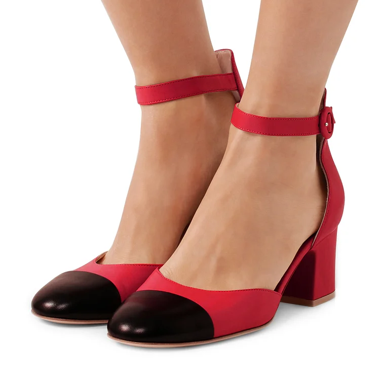 Women's Red Ankle Strap  Vintage Chunky Heels Pumps Shoes |FSJ Shoes
