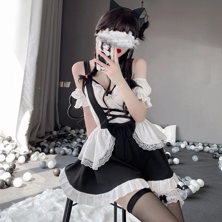 Ruffle Maid Lingerie Dress Stockings Set - Modakawa Modakawa