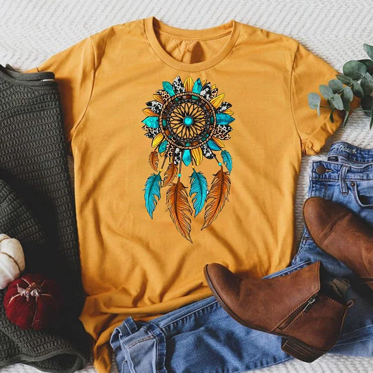 Sunflower Dreamcatcher Round Neck T-shirt-018309