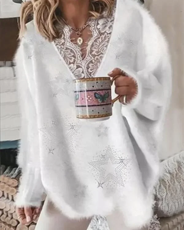 Lace V Neck Fuzzy Hair Roomy Sweater