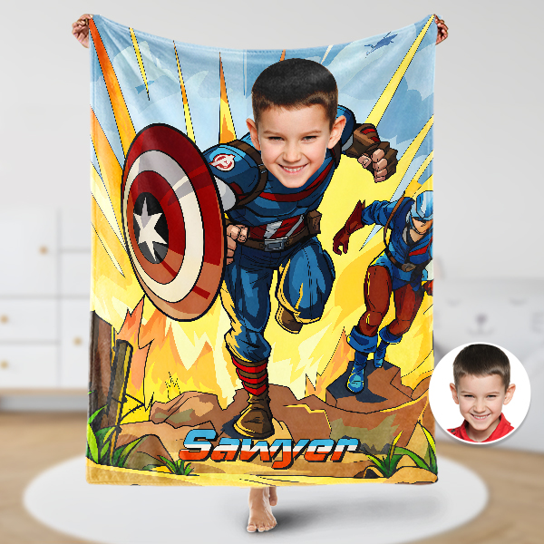 Custom Running Captain Hero Boy Blankets Personalized Face & Name Fighting Hero Blanket Gifts For Boys artswardrobe