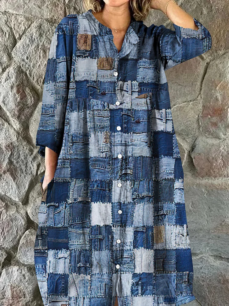 Women's Vintage Denim Color Patchwork Patterned Petticoat Style Dress