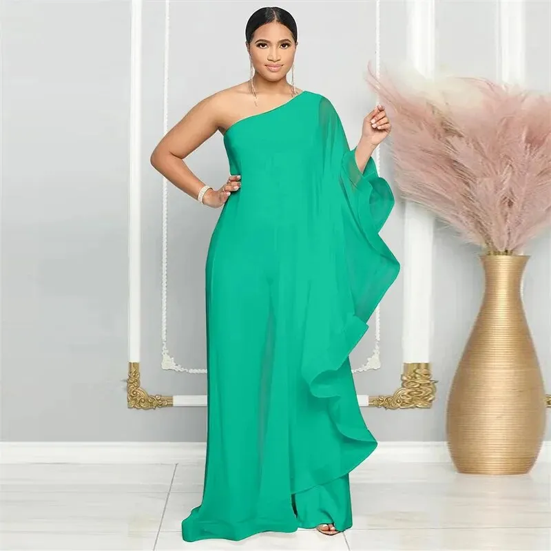 Brownm Chiffon One Shoulder Wide Leg Jumpsuit Women Night Party Birthday Outfits One Piece Romper Overalls Combinaison Femme