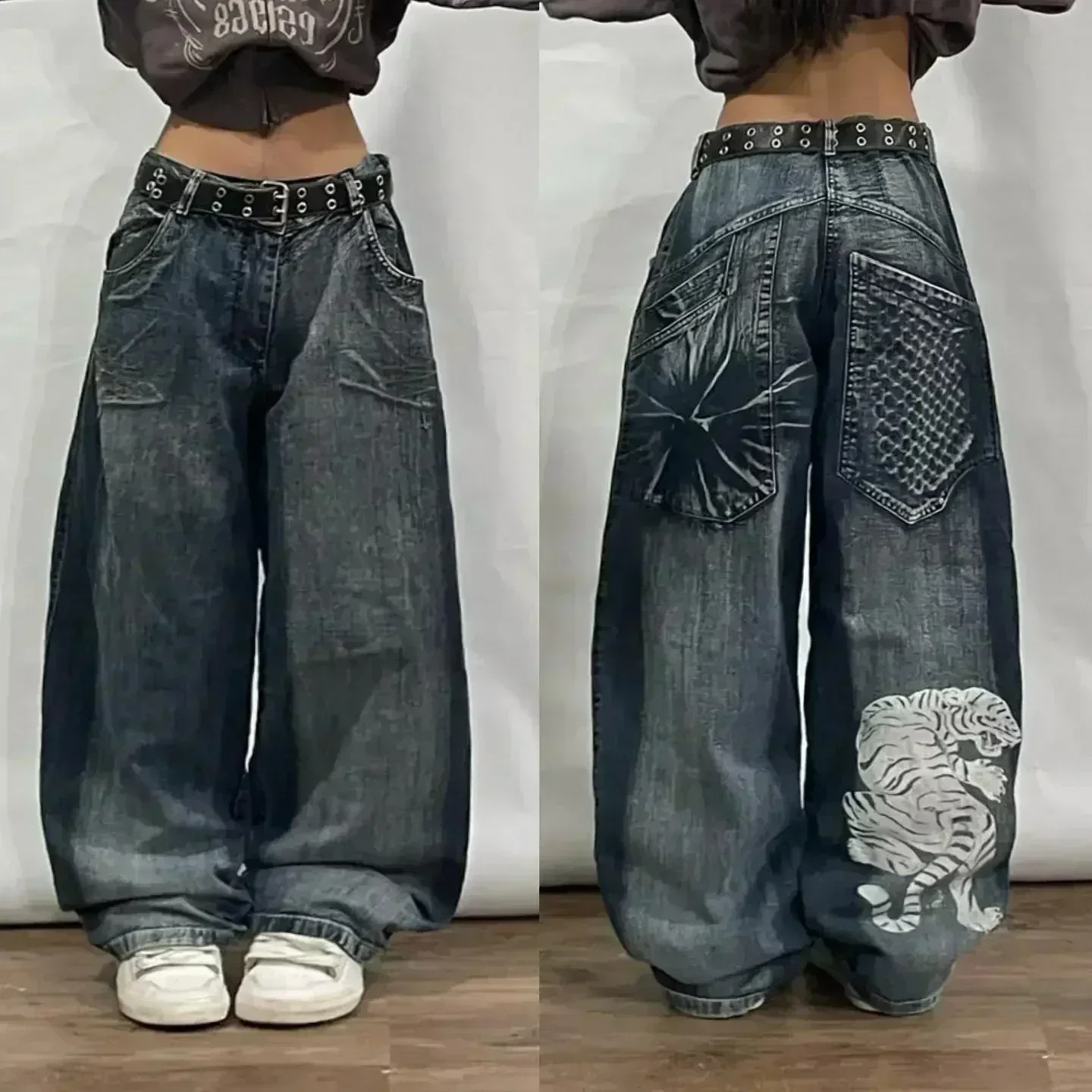 Edubridgesmart American Y2K New Fashion Punk Pattern Embroidered Straight Jeans Women Street Casual Loose Oversized Wide-leg Pants Couple Jeans