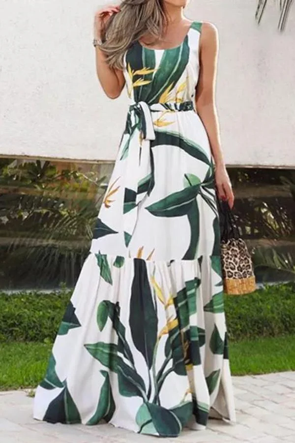 Womens Bohemian Green Printed Bouquet Waist Dress-Allyzone-Allyzone