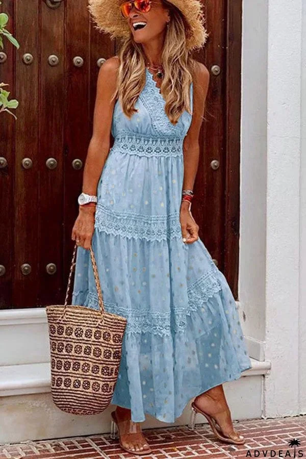 Antonia Golden Polka Dots Crochet Lace Maxi Dress