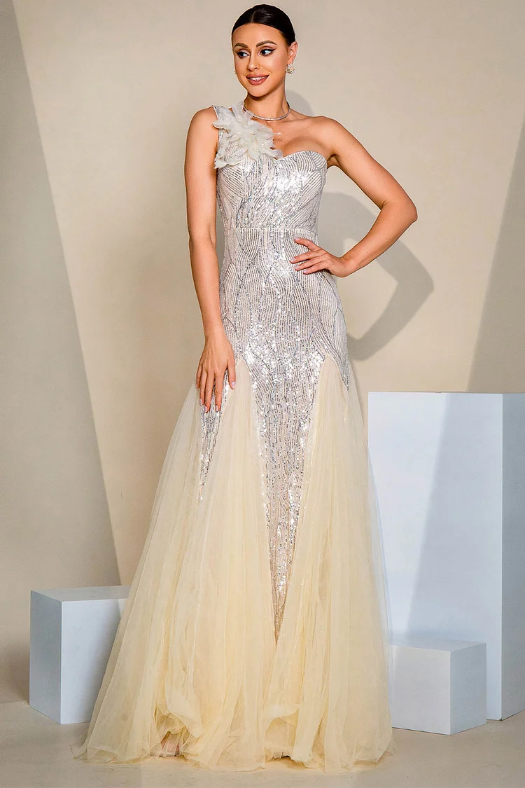 One Shoulder Sequin Tulle Overlay Maxi Dress-Apricot