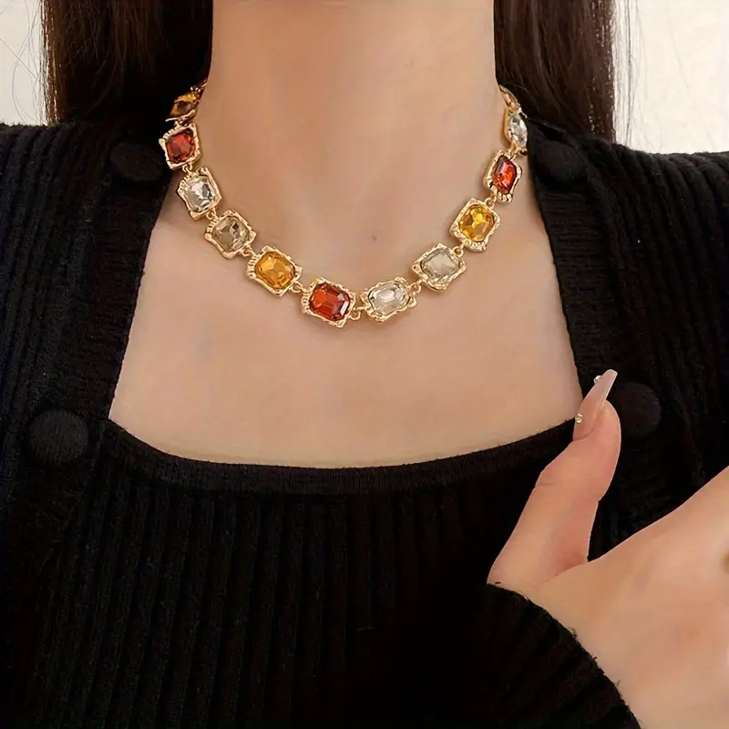 wedding banquet style jewelry set square rhinestone tassel stud earrings necklace set suitable for women details 0