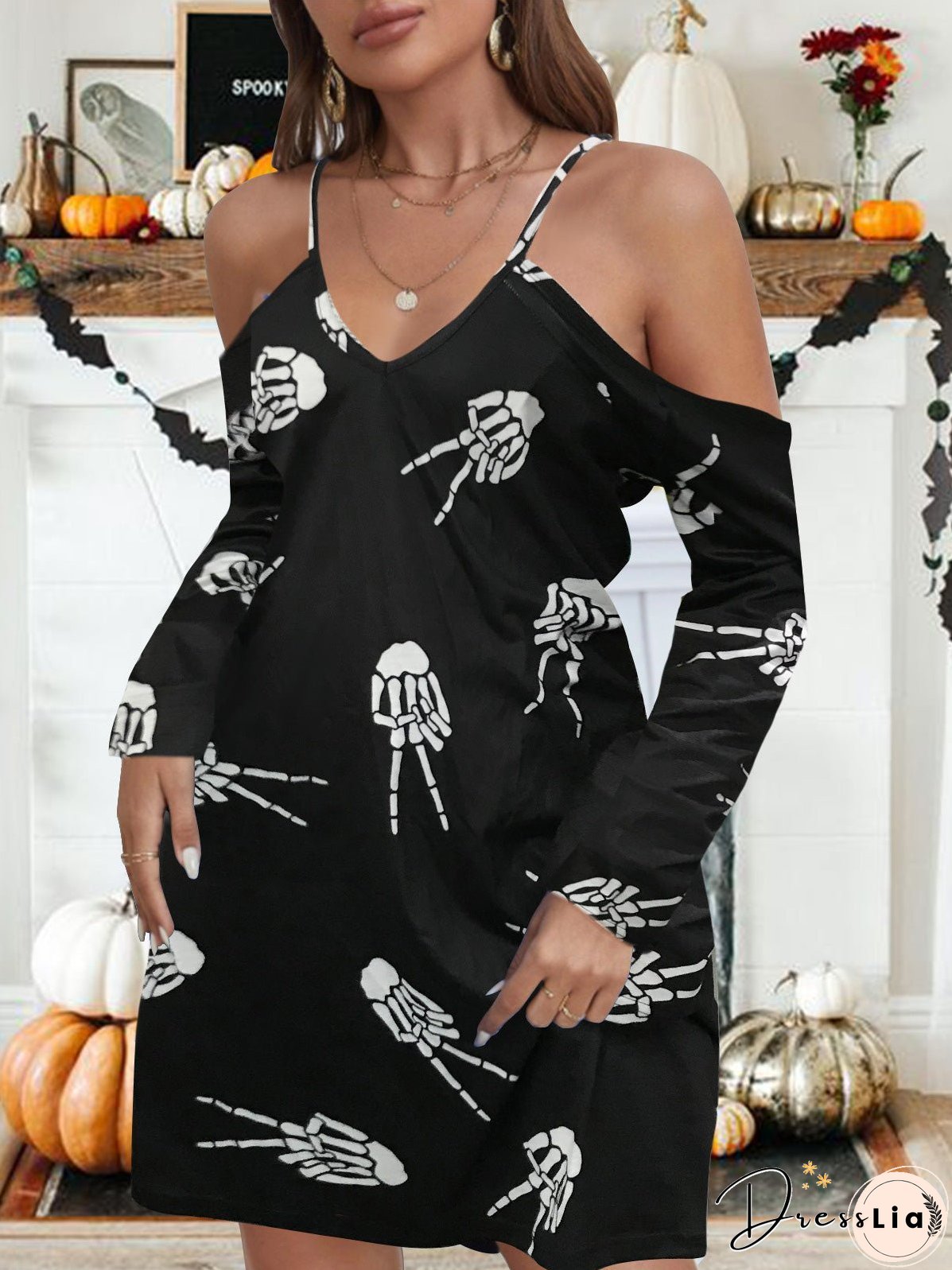 Women's Dresses Printed V-Neck Off-Shoulder Long Sleeve Dress