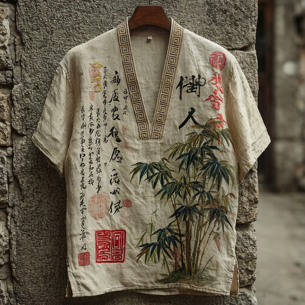 Women's Japanese Bamboo Art Pattern V-neck Linen Blend T-shirt elevenforest