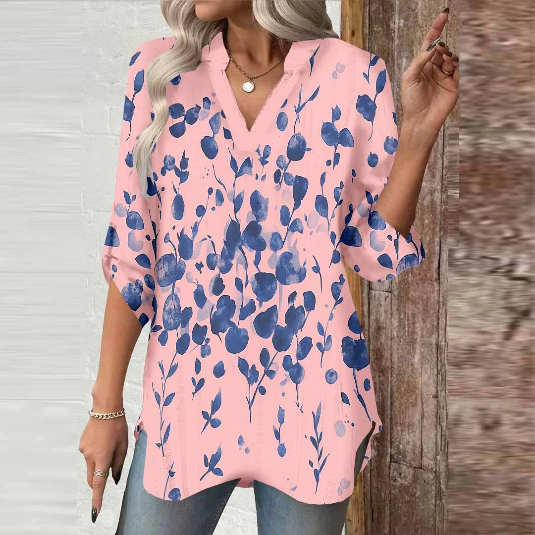 Women Leaf, Pink, Blue DZGA0554 3/4 Sleeve V-neck Printed Graphic Button Tops