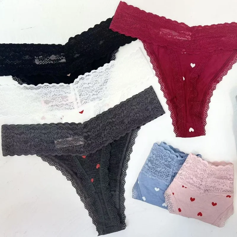 Athvotar Athvotar Breathable Cotton Splicing Lace T-Shirts Heart-Shaped Printed Cotton Lace Side Plus-Size Low-Rise T-Sants Ladies Trousers