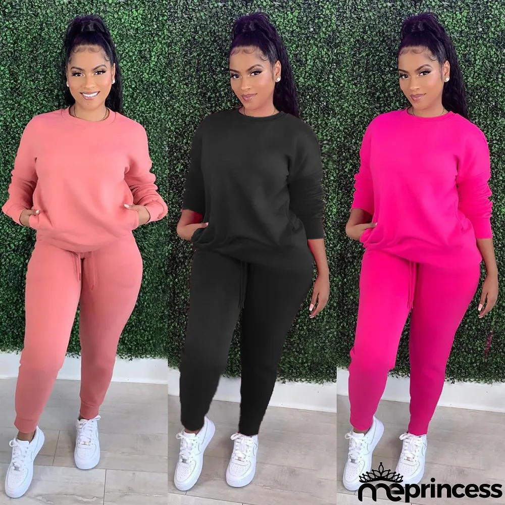 Plus Size Fashion Casual Sports Solid Color Sweatshirts Two Piece Set