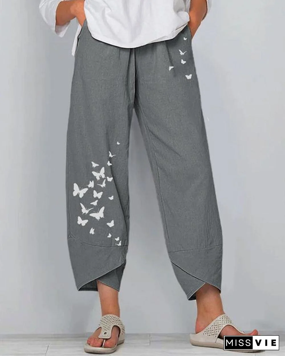 Women Linen Shift Casual Printed Floral Pants