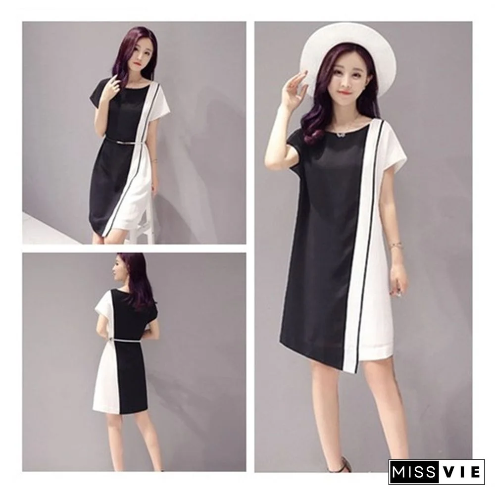 Summer Women Fashion Chiffon Casual Mini Dress Black White Short Sleeve O-Neck Beach Tshirt Dresses