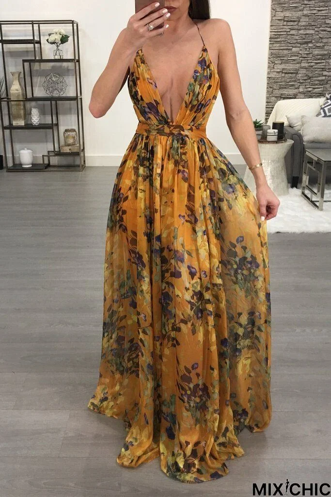 Deep V-Neck Back Chiffon Dress