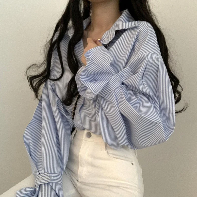 Uveng Uveng The Spring Of 2025, The New Korean Version Of The College Style Design Is Loose And Small Lantern Sleeve Striped Shirt Shirt For Women