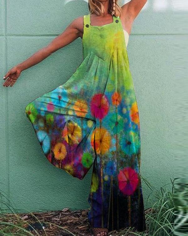 Retro Print Casual Loose Jumpsuit