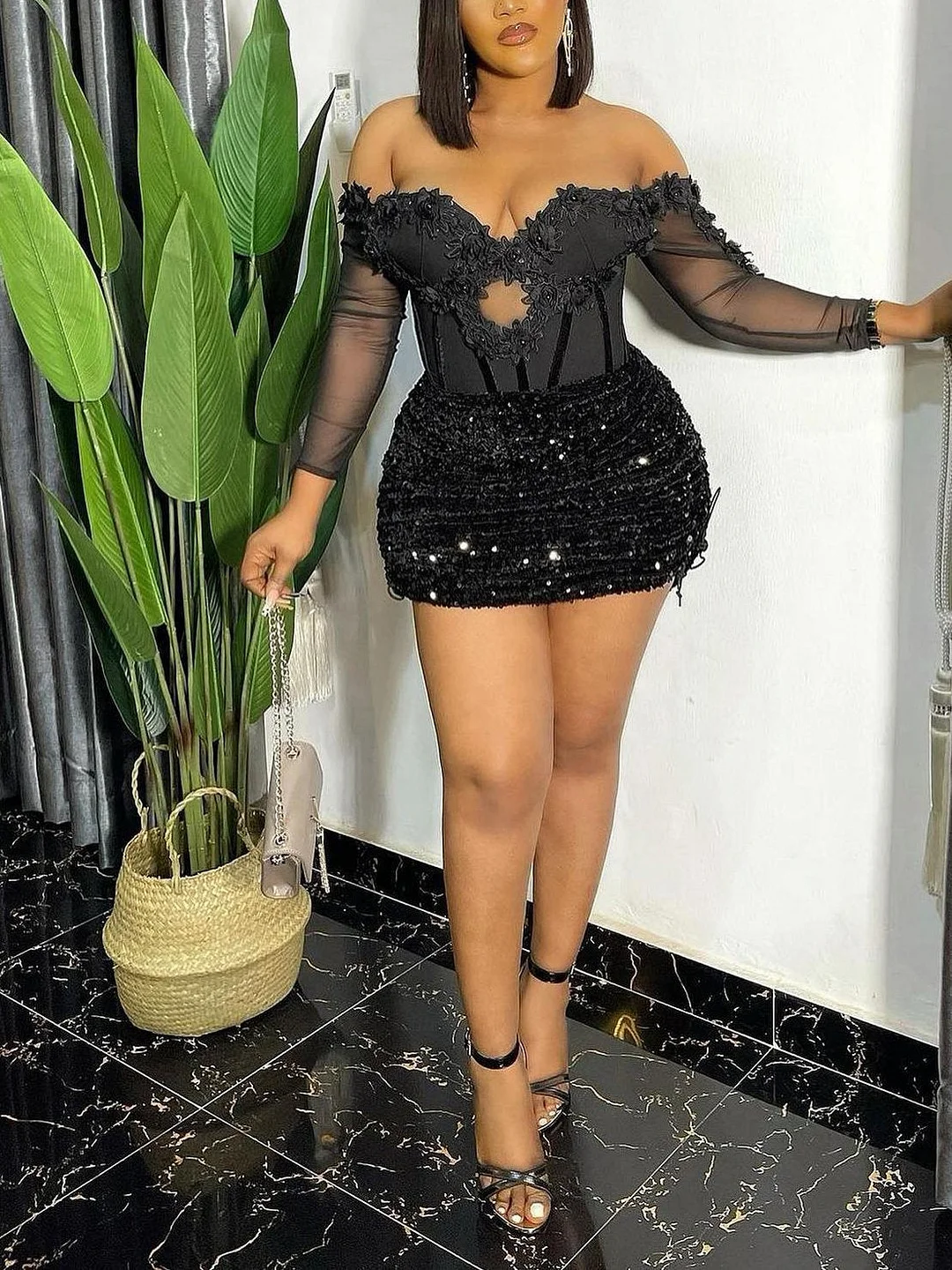 Sexy One Shoulder Long Sleeve Hollow Black Sheer Mesh Mini Party Dress