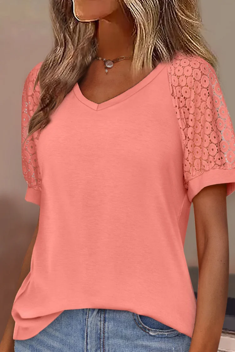 Solid Contrast Lace V Neck Blouse