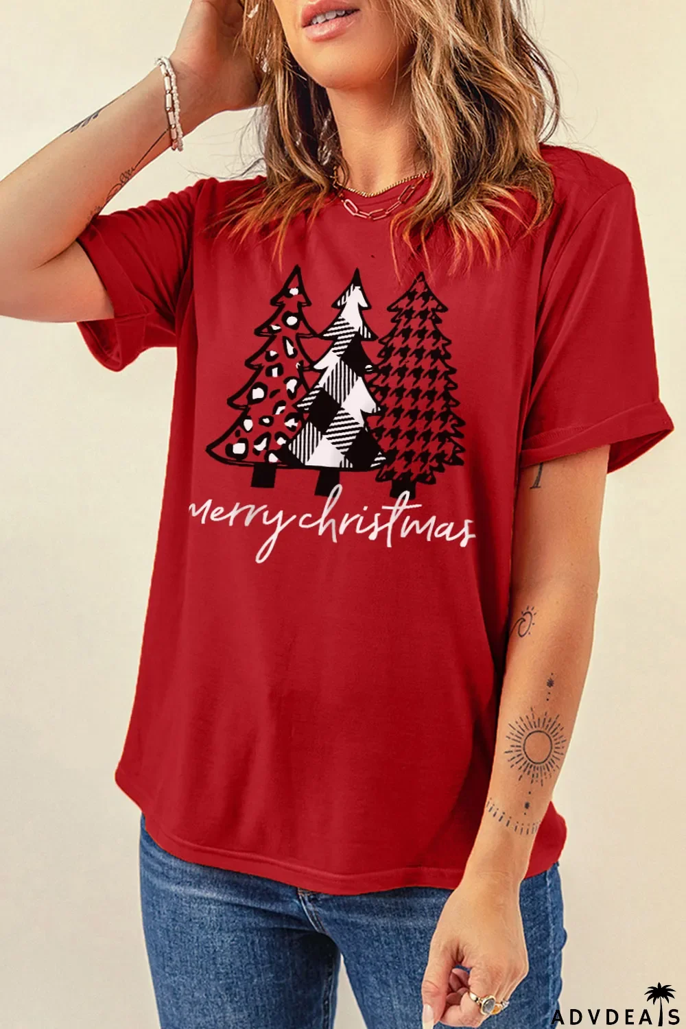 Red Merry Christmas Trees Graphic Print Short Sleeve T Shirt
