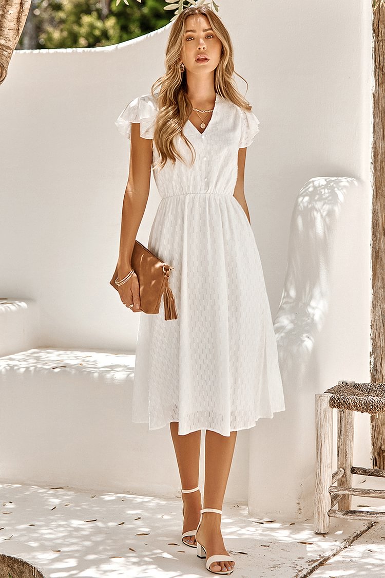 V Neck Petal Short Sleeve Pattern A-Line Midi Dress