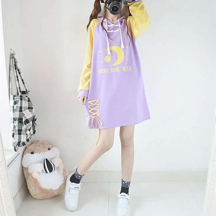 White/Purple Kawaii Star Moon Hoodie Dress S12909