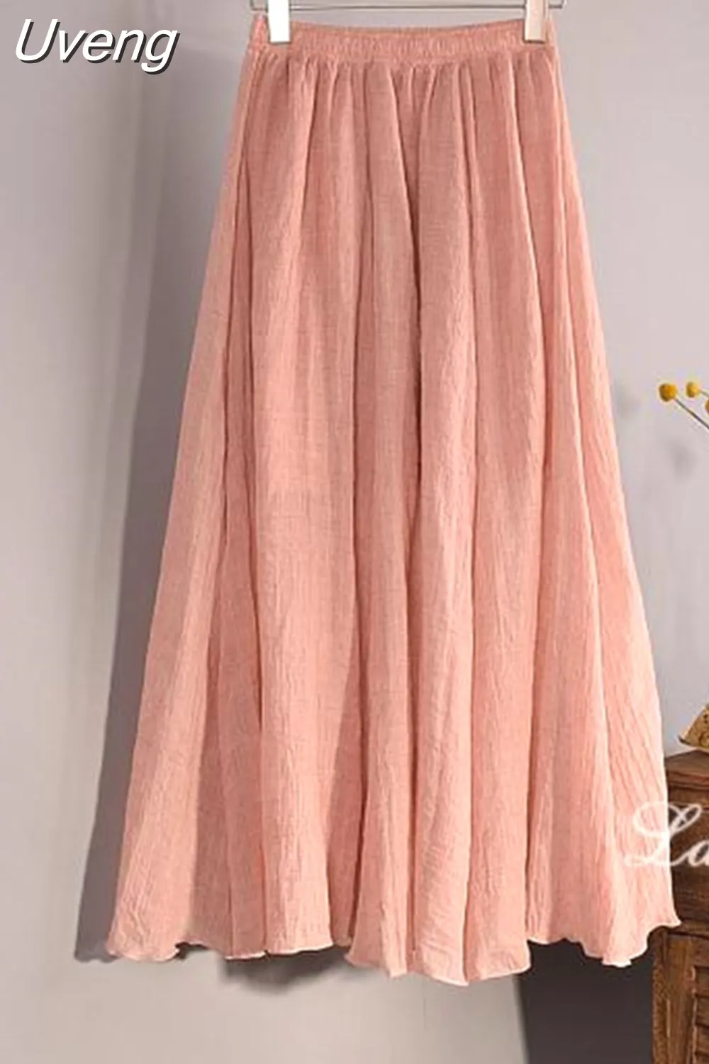 Uveng Women's Elegant 16 Color High Waist Elastic Waist Linen Pleated Long Skirts Ladies Slim Casual Skirt Saias New 2023 Summer SK05