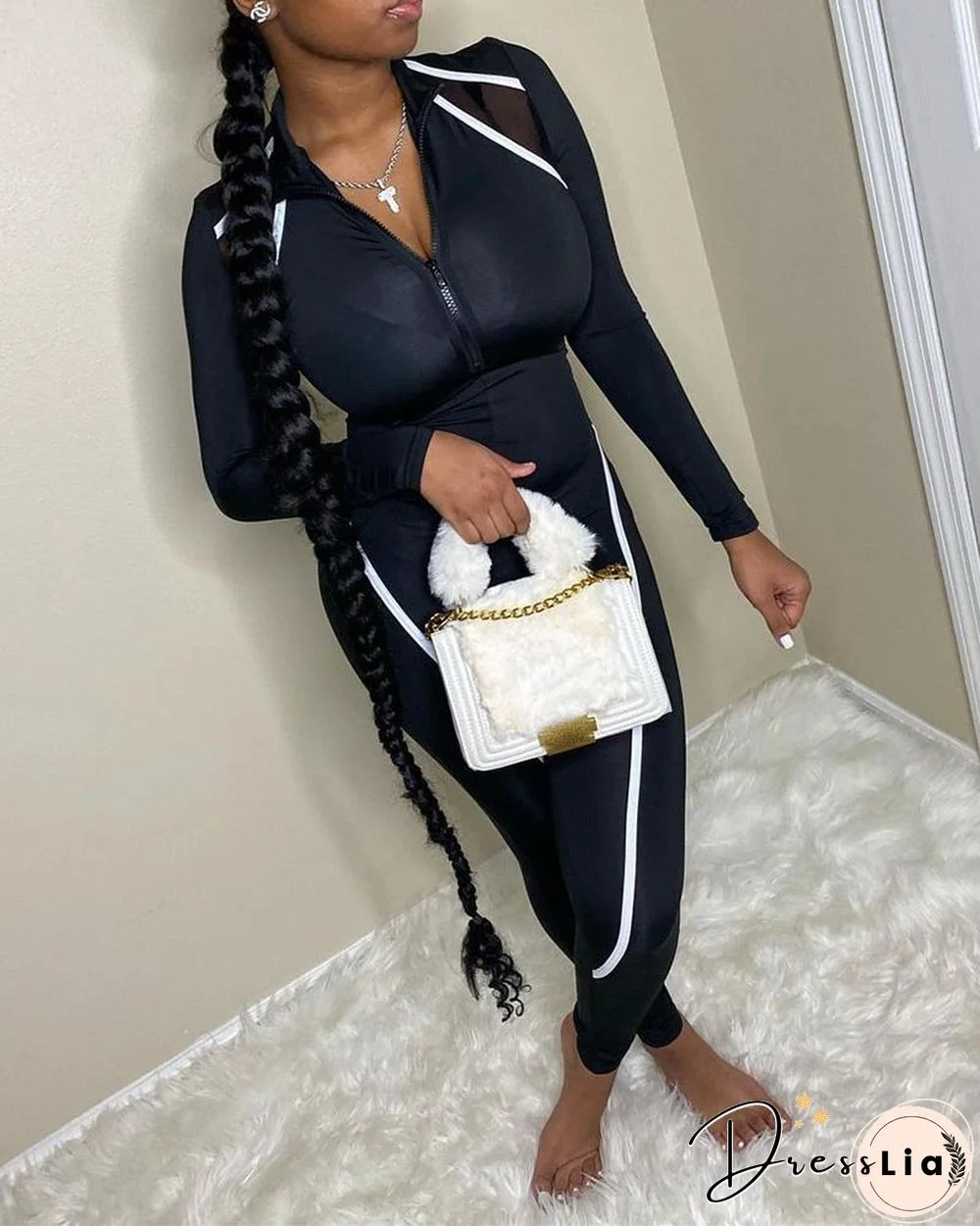 Colorblock Zipper Design Long Sleeve Skinny Jumpsuit