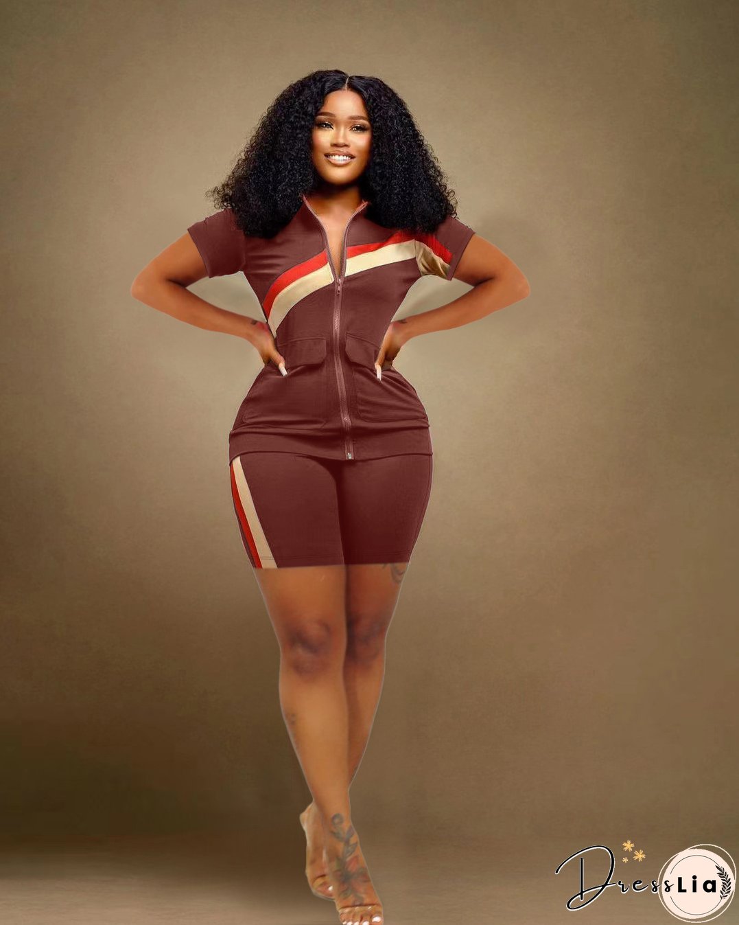 Women's Sports Casual Fashion Zip Pocket Top Shorts Two-Piece Set