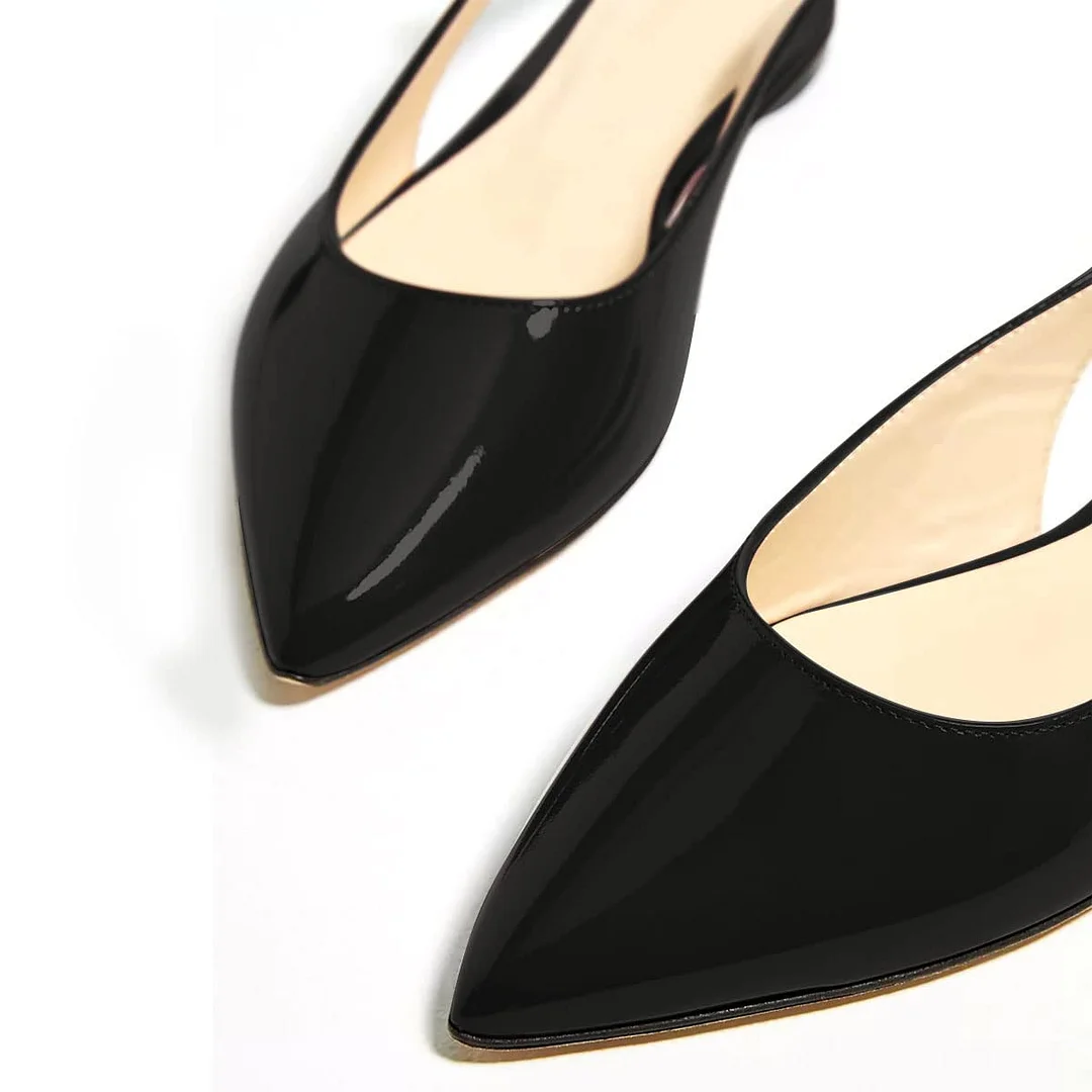 Patent Leather Pointed Toe Slingback Strappy Flat Pumps in Black