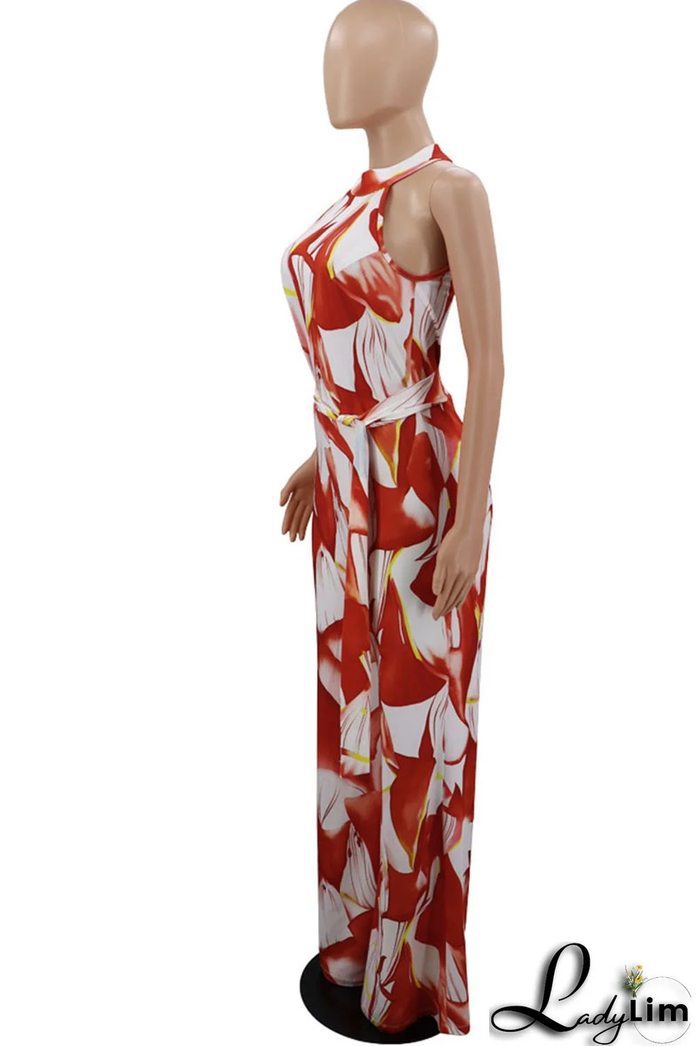 Red Casual Print Bandage Split Joint O Neck Straight Jumpsuits