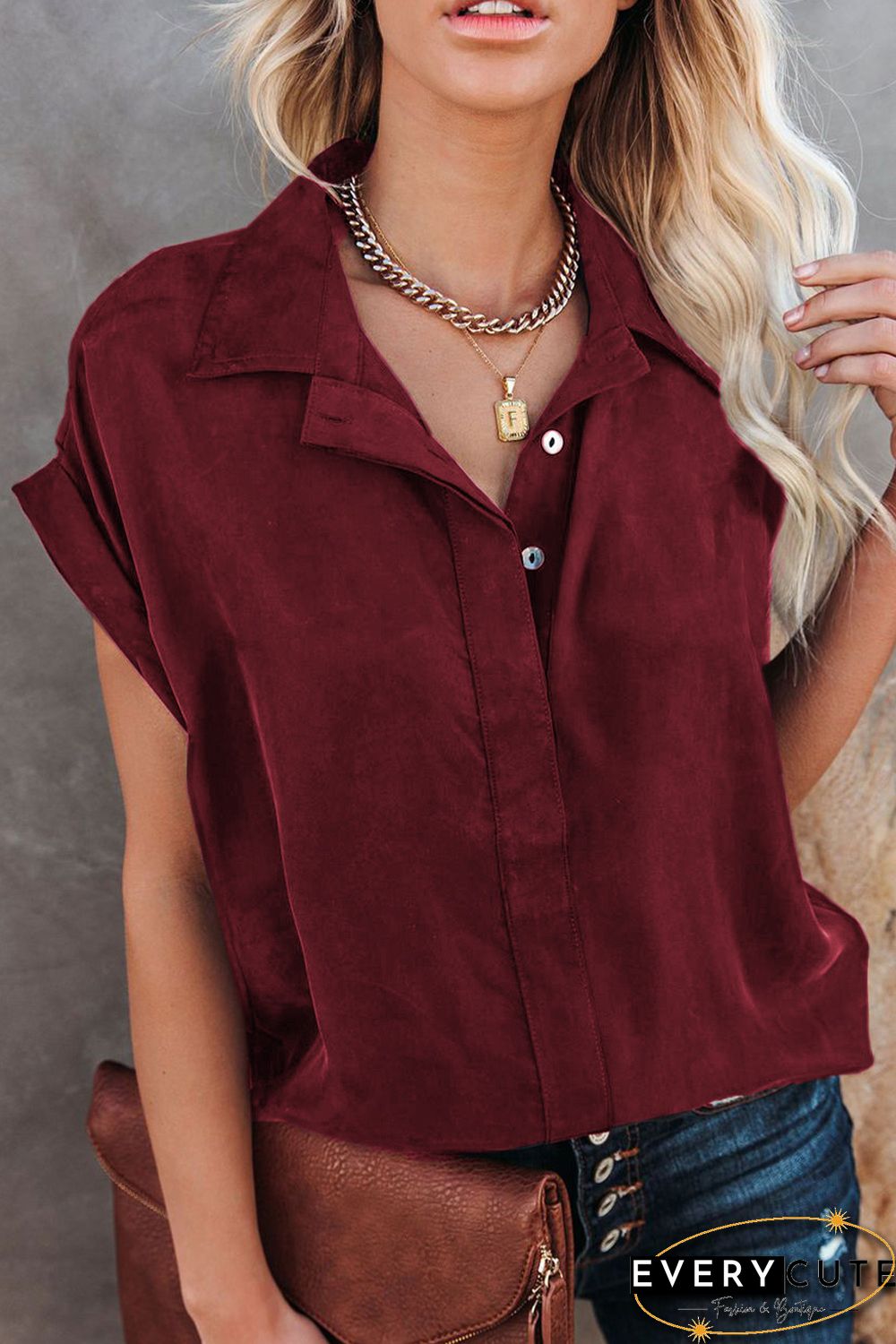 Wine Red Collared Button Short Sleeves Shirt