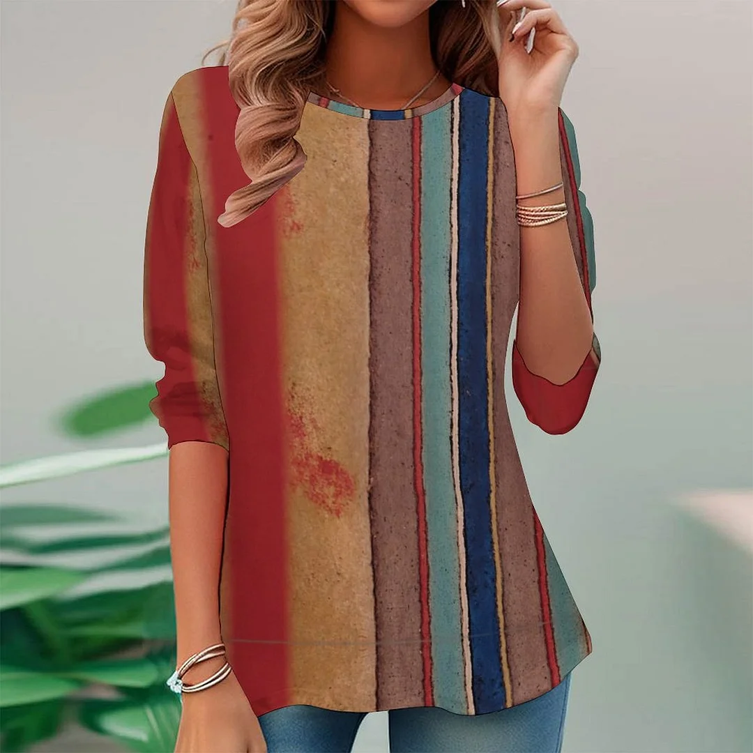 Vintage Printed Long Sleeve Plus Size Tunic for  Women and Men Unisex Pattern Striped,Blue,Red,Brown