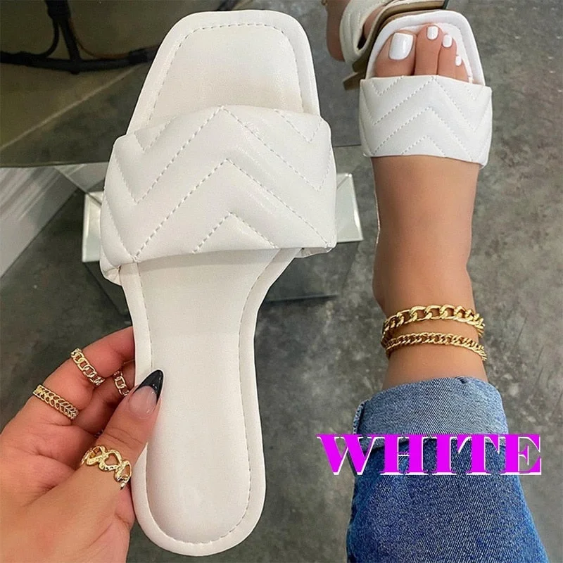 2021 Newest High Quality Women Slides Square Toe Flat Slippers Summer Outdoor Beach Non-Slip Casual Sandals Female Shoes