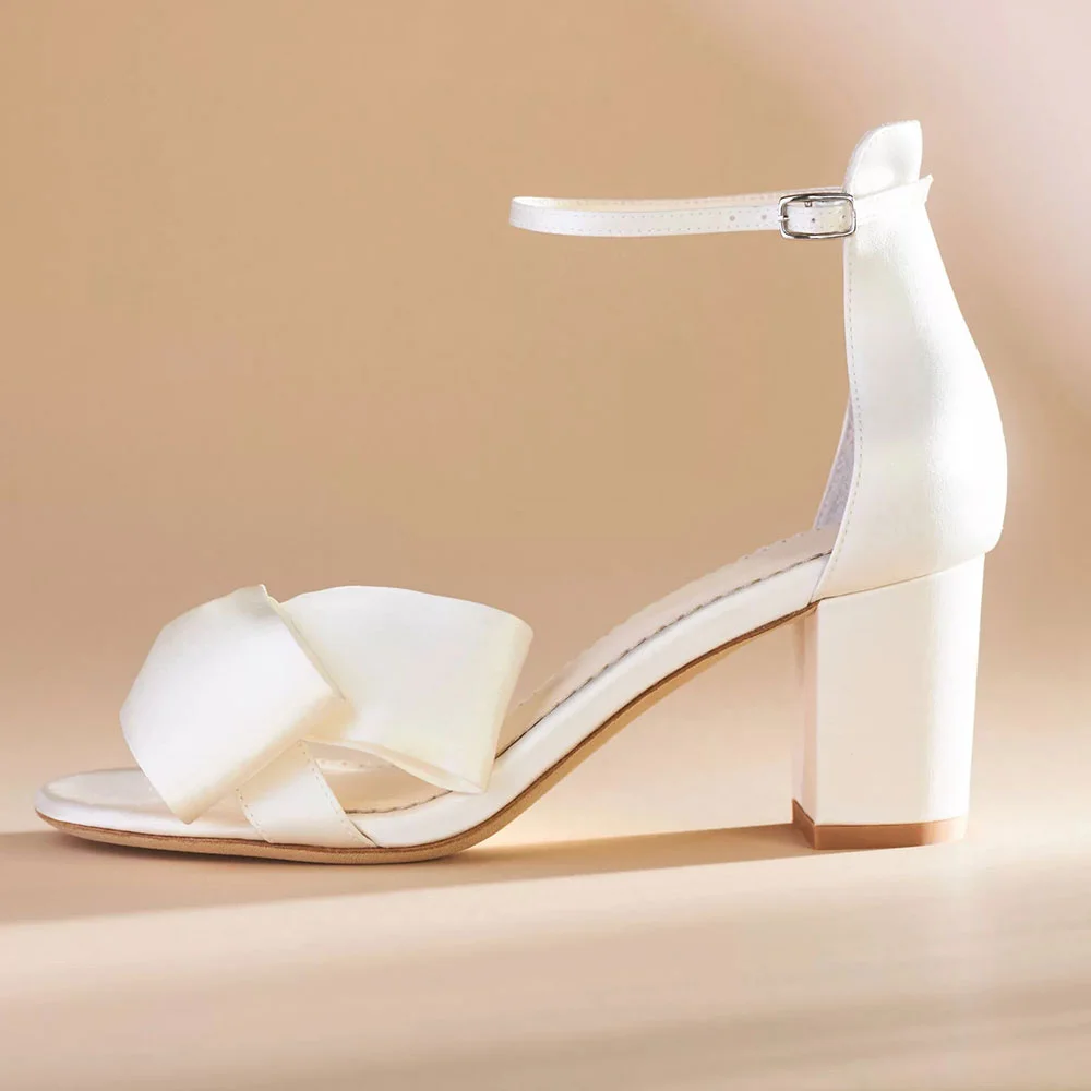 Ivory Textile Bow Inlay Ankle Strappy Bridal Sandals with Chunky Heels Nicepairs