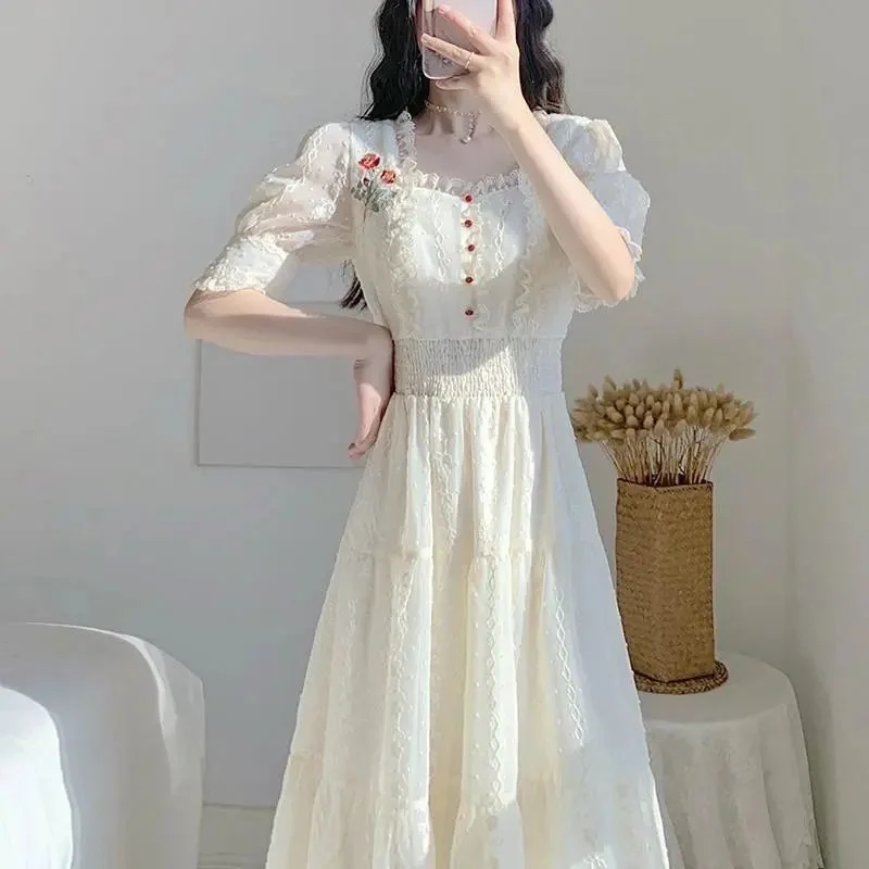 Jangj Girl Embroidery Puff Sleeves Lace Dress Square Collar Short Sleeve Dress 2022 Spring Summer French Style Dress for Female