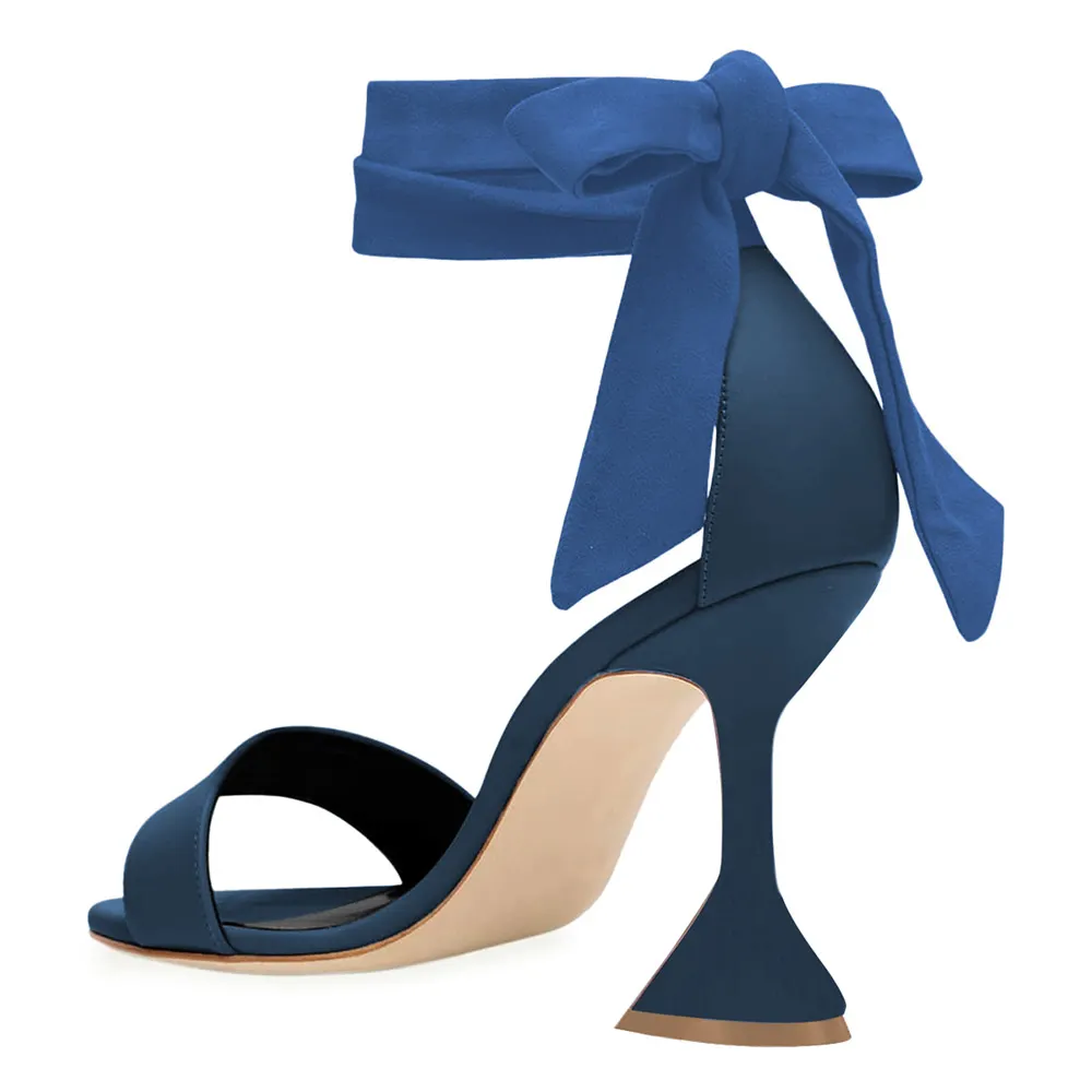 YDN Elegant Blue Open Round Toe Lace-Up Strap Heels Sandals