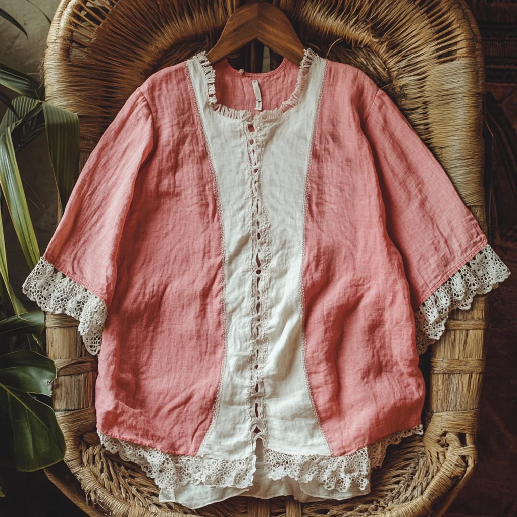  Vintage-Inspired Lace Trimmed Blouse with Elegant Pink and White Design