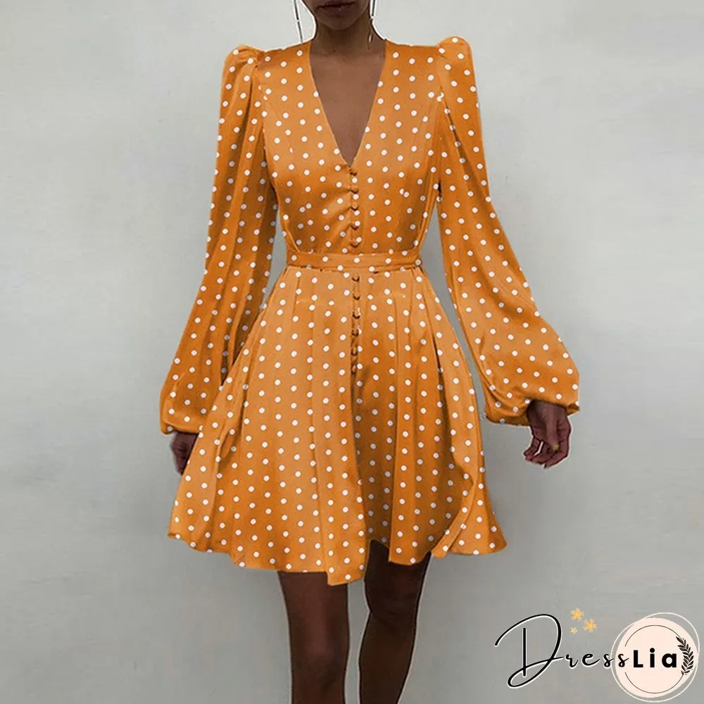 Autumn Spring Dresses Women Stain Silk Polka Dot Puff Long Sleeve V Neck Party Mini A Line Dress Plus Size