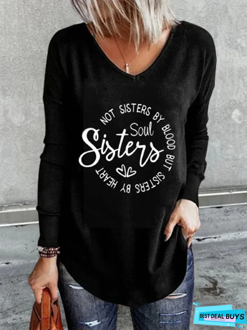 Soul Sisters Long Sleeve V Neck Casual Tunic T-Shirt