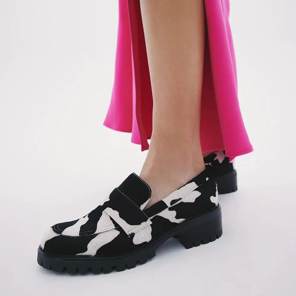 Chunky Heels With Platform Milk Cow Skin Mules Block Heels Nicepairs