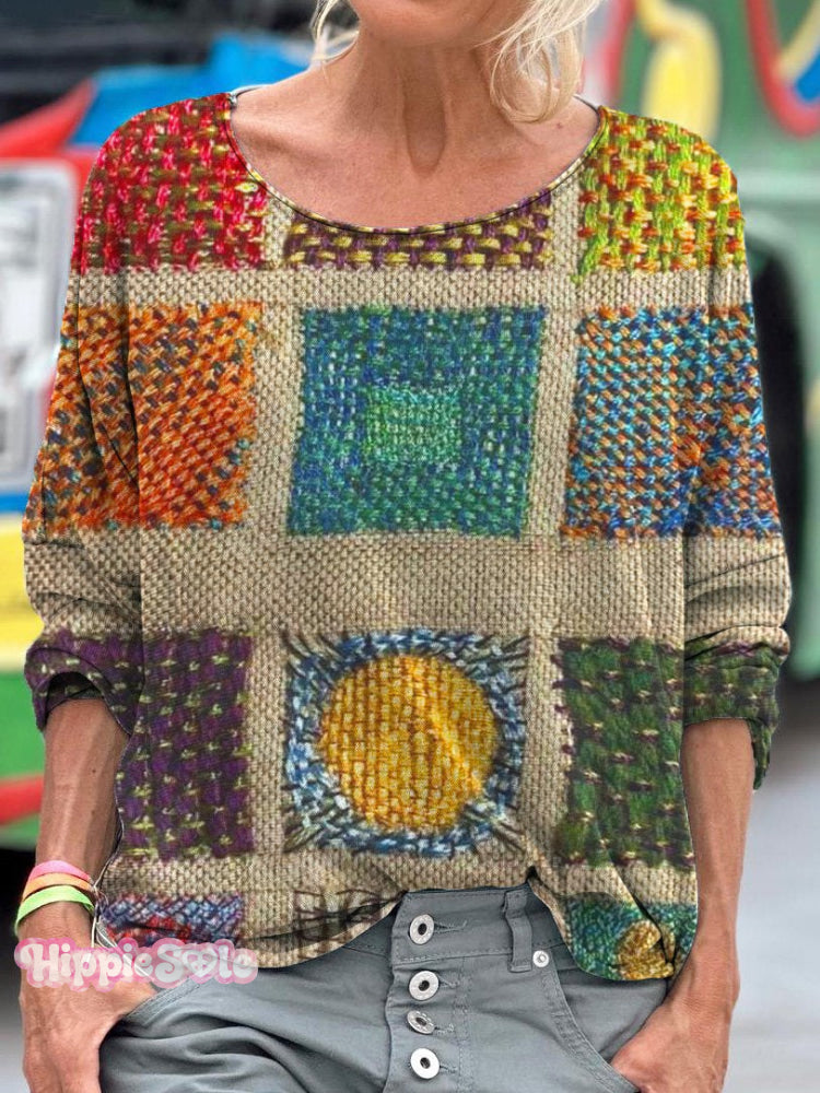 Vintage Colorful Patchwork Art Print Casual Long Sleeve T-Shirt Multicolor / S