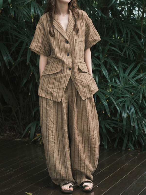 Lapel V Neck Short Sleeve Shirt Pants Cotton Linen Two Piece Set